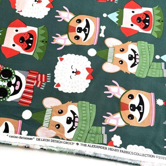 Alexander Henry Christmas Holiday Canine Dog Fabric Cotton 2021 Green BTY - Picture 4 of 5